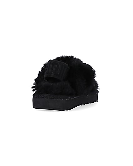 360 degree animation of product Mini Girls Black Crossover Faux Fur Slippers frame-10