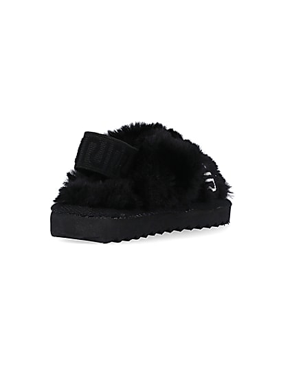 360 degree animation of product Mini Girls Black Crossover Faux Fur Slippers frame-11
