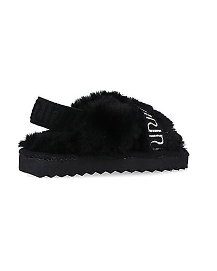 360 degree animation of product Mini Girls Black Crossover Faux Fur Slippers frame-13