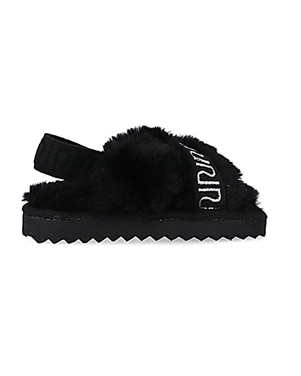 360 degree animation of product Mini Girls Black Crossover Faux Fur Slippers frame-14