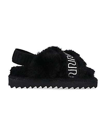 360 degree animation of product Mini Girls Black Crossover Faux Fur Slippers frame-15