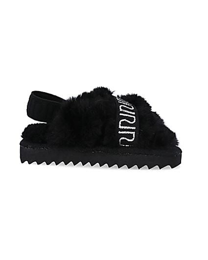 360 degree animation of product Mini Girls Black Crossover Faux Fur Slippers frame-16
