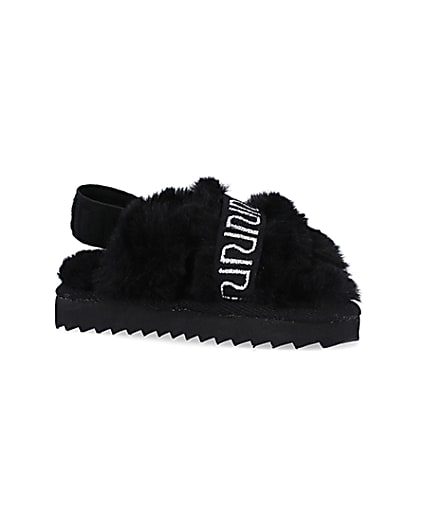360 degree animation of product Mini Girls Black Crossover Faux Fur Slippers frame-17
