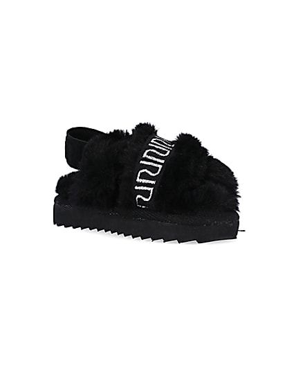 360 degree animation of product Mini Girls Black Crossover Faux Fur Slippers frame-18