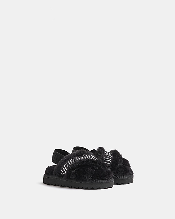 Mini Girls Black Crossover Faux Fur Slippers