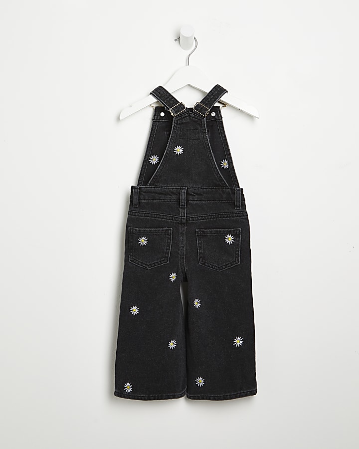 Mini girls black daisy embroidered dungarees
