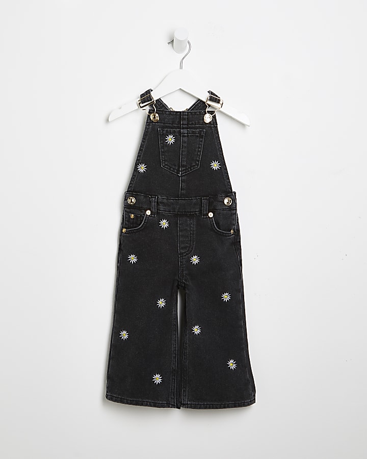 Mini girls black daisy embroidered dungarees