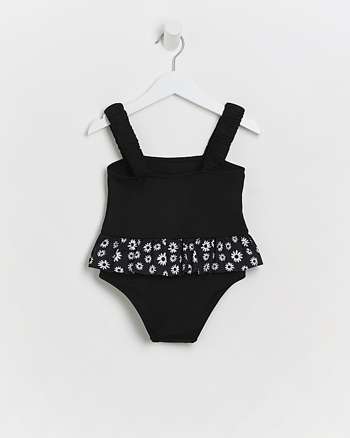 Mini girls black daisy frill swimsuit