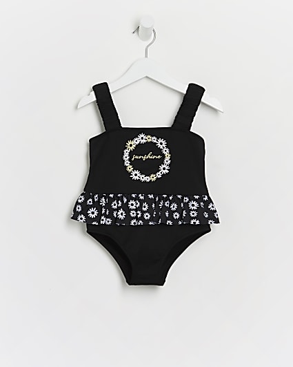Mini girls black daisy frill swimsuit