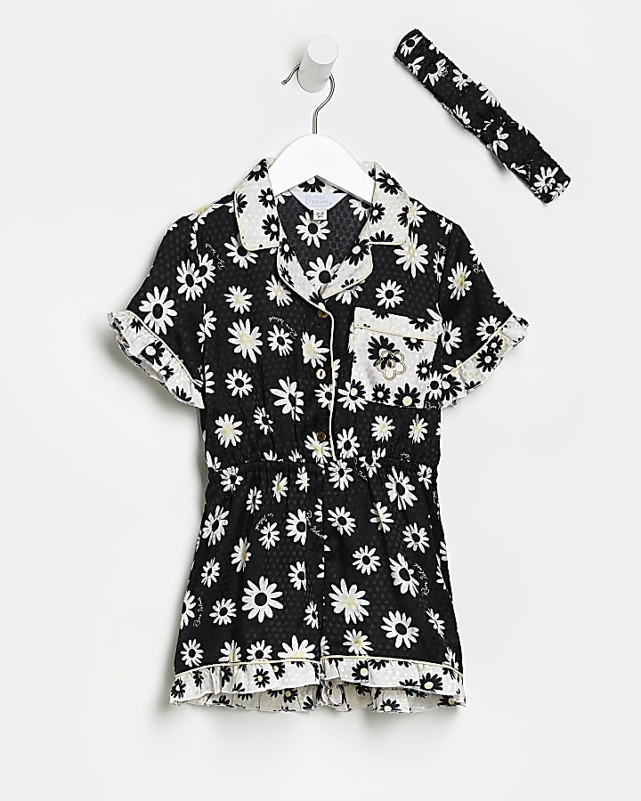 Mini Girls Black Daisy Print Satin Pyjama Set