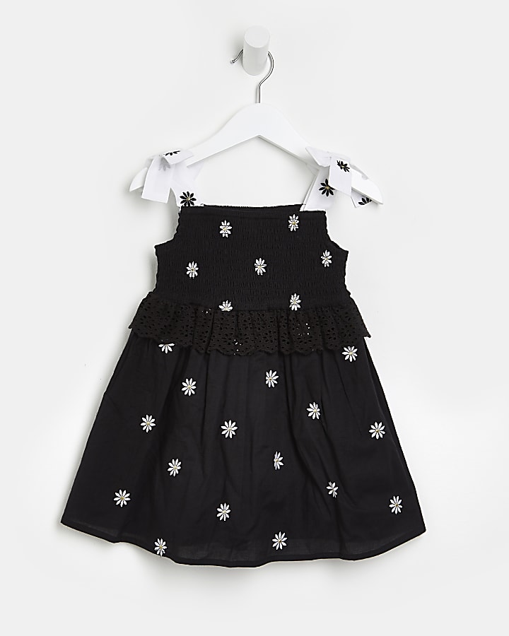 Mini girls black daisy shirred broderie dress