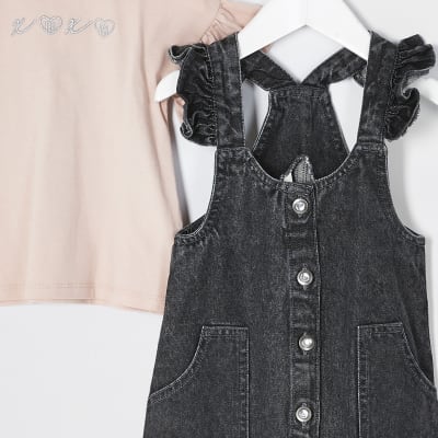 girls black denim pinafore dress