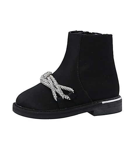 360 degree animation of product Mini Girls Black Diamante Satin Ankle Boots frame-2