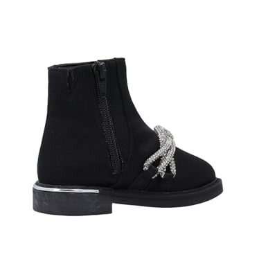 360 degree animation of product Mini Girls Black Diamante Satin Ankle Boots frame-13