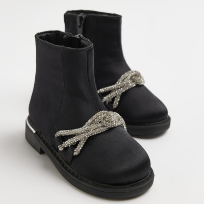 Mini Girls Black Diamante Satin Ankle Boots