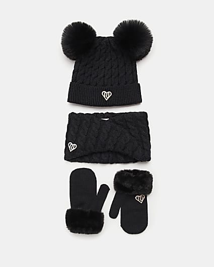 Mini Girls Black Double Pom and mittens set