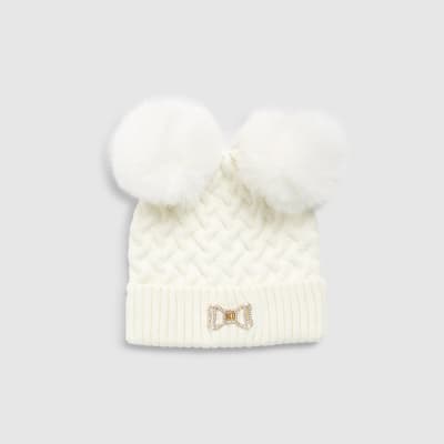 Mini Girls Black Double Pom Beanie