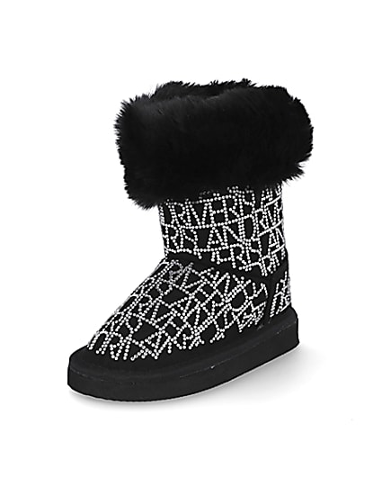360 degree animation of product Mini girls black embellished faux fur boots frame-0