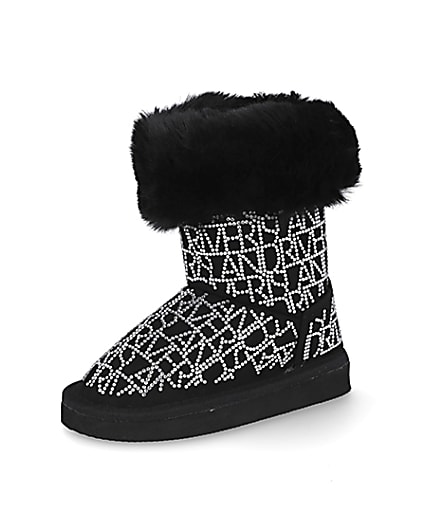360 degree animation of product Mini girls black embellished faux fur boots frame-1