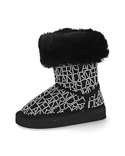 360 degree animation of product Mini girls black embellished faux fur boots frame-2