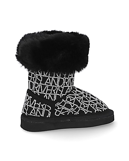 360 degree animation of product Mini girls black embellished faux fur boots frame-14