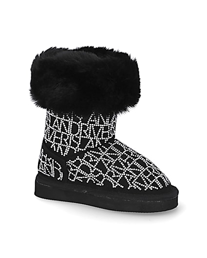 360 degree animation of product Mini girls black embellished faux fur boots frame-17