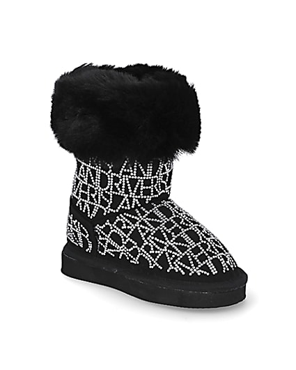 360 degree animation of product Mini girls black embellished faux fur boots frame-18