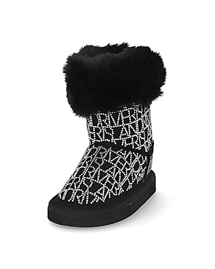 360 degree animation of product Mini girls black embellished faux fur boots frame-23