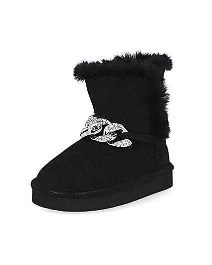 360 degree animation of product Mini girls black faux fur chain boots frame-0