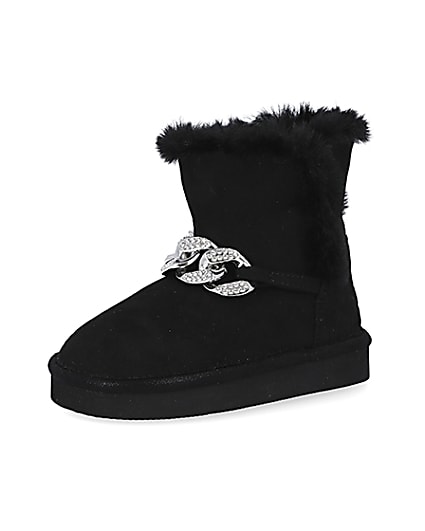 360 degree animation of product Mini girls black faux fur chain boots frame-1