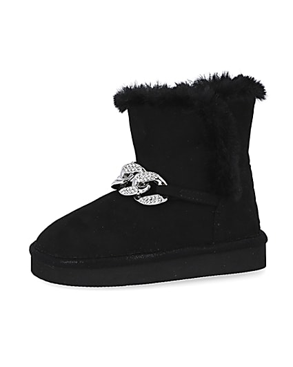 360 degree animation of product Mini girls black faux fur chain boots frame-2
