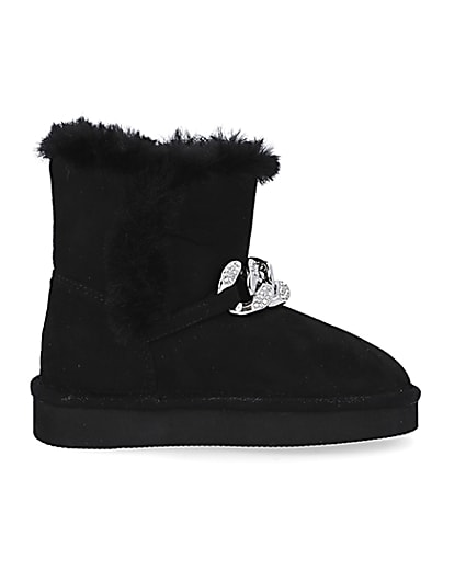 360 degree animation of product Mini girls black faux fur chain boots frame-15