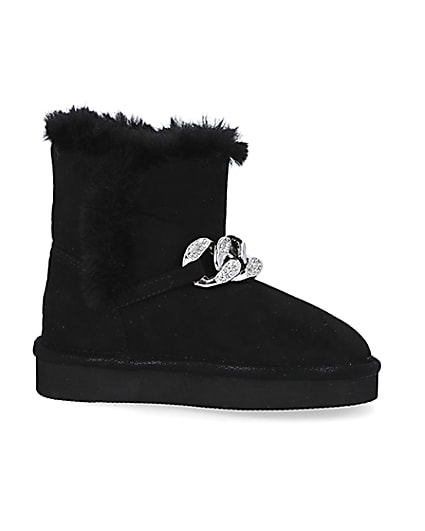 360 degree animation of product Mini girls black faux fur chain boots frame-16