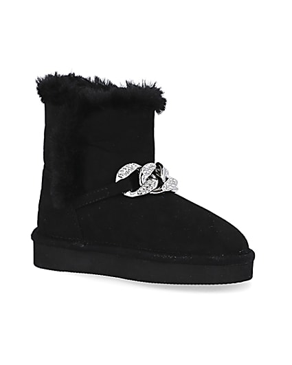 360 degree animation of product Mini girls black faux fur chain boots frame-17