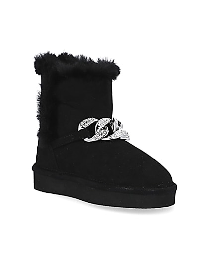 360 degree animation of product Mini girls black faux fur chain boots frame-18