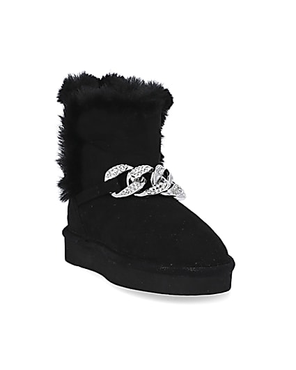 360 degree animation of product Mini girls black faux fur chain boots frame-19