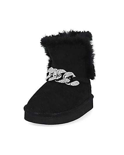 360 degree animation of product Mini girls black faux fur chain boots frame-23