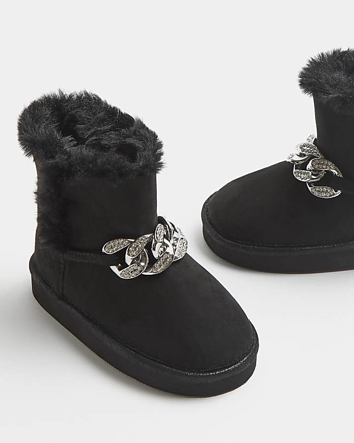 Mini girls black faux fur chain boots