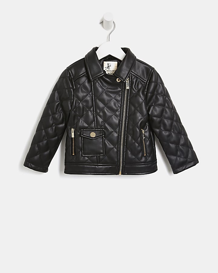 Mini girls black faux fur collar biker jacket