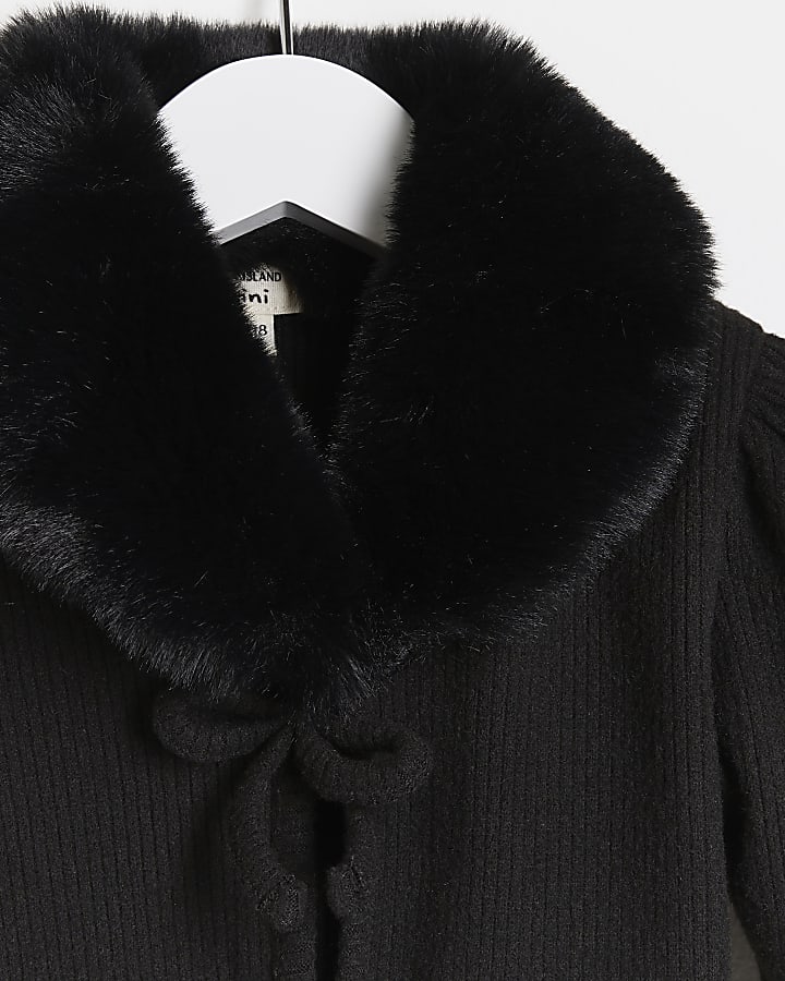 Mini girls black faux fur collar cardigan