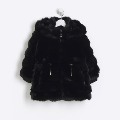 Mini girls black faux fur hooded coat River Island