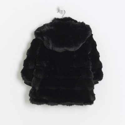 Mini girls black faux fur hooded coat