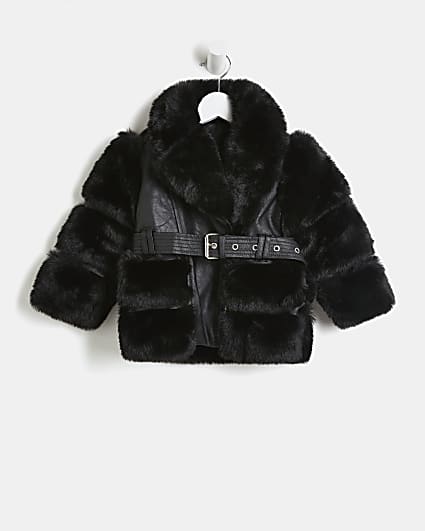 Mini Girls Black Faux Fur Panel Coat