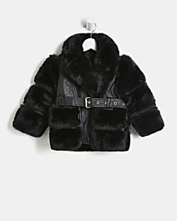 Mini Girls Black Faux Fur Panel Coat