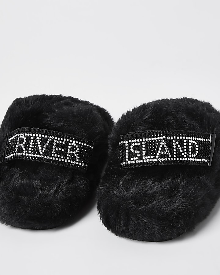 Mini girls black faux fur slippers