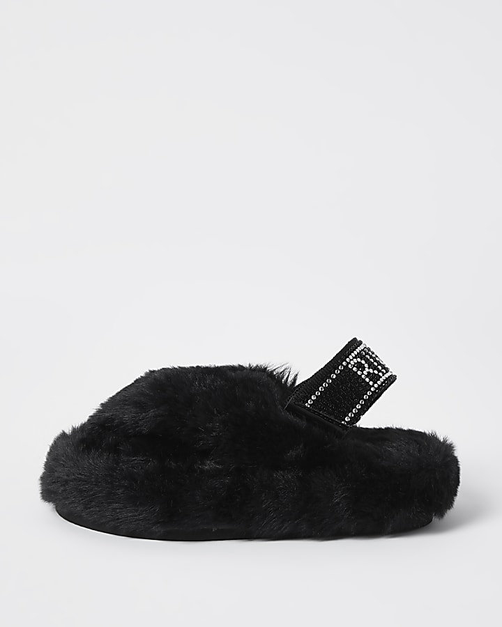 Mini girls black faux fur slippers
