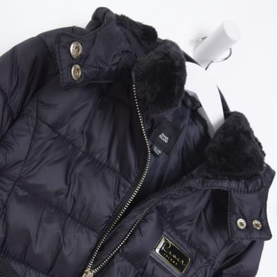 Mini Girls Black Faux Fur Trim Puffer Coat River Island