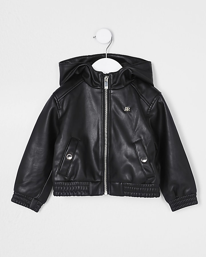 Mini girls black faux leather bomber jacket