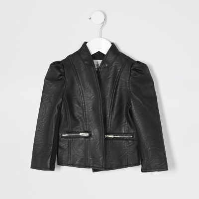 Mini girls black faux leather jacket | River Island