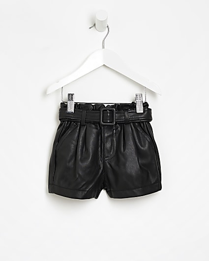 Mini girls Black faux leather Paperbag Shorts